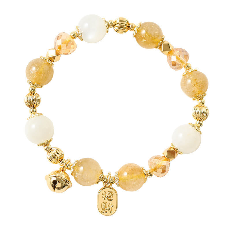 Mythstone 14K Gold Plated Golden Rutilated Quartz Wealth Bell Lucky Fortune Charm Bracelet