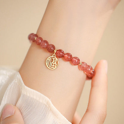 Mythstone 14K Gold Plated Strawberry Quartz Fu Character Healing Charm Bracelet