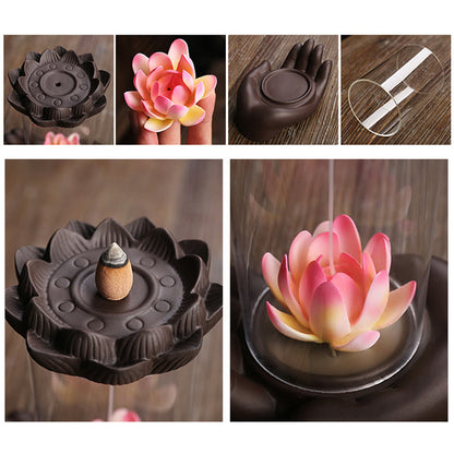 Mythstone Buddha Hand Lotus Enlightenment LED Light Purple Clay Ceramic Incense Burner Decoration