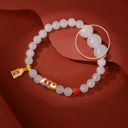 Pulsera de plata de ley 925 con diseño de pez koi, jade blanco hetiano, ágata roja y suerte