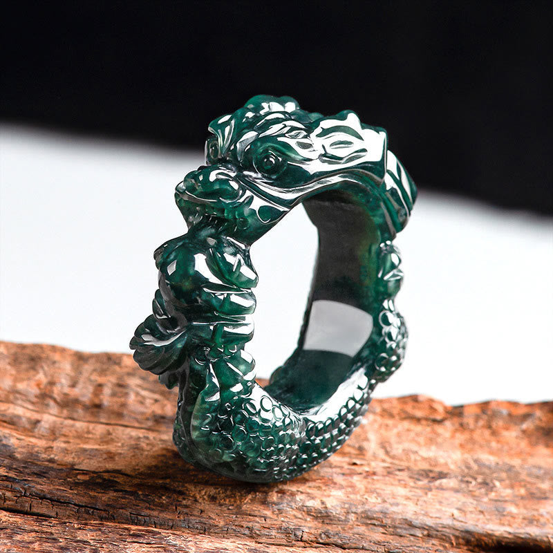 Mythstone Natural Cyan Jade Dragon Carved Success Ring