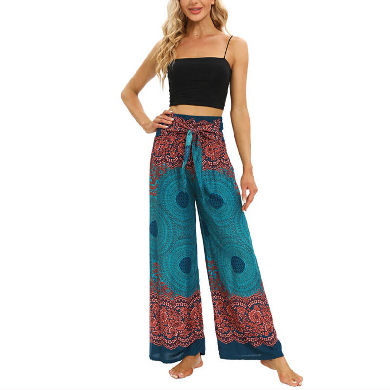 Mythstone Bohemian Compass Flower Print Lace-up Wide Leg Pants Women's Yoga Pants