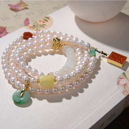 Pulsera de plata de ley 925 con perlas, jade hetiano, ágata roja, doble felicidad, ámbar, suerte, cuádruple vuelta 