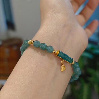 Mythstone 925 Sterling Silver Plated Gold Natural Green Jade Bamboo Charm Luck Bracelet