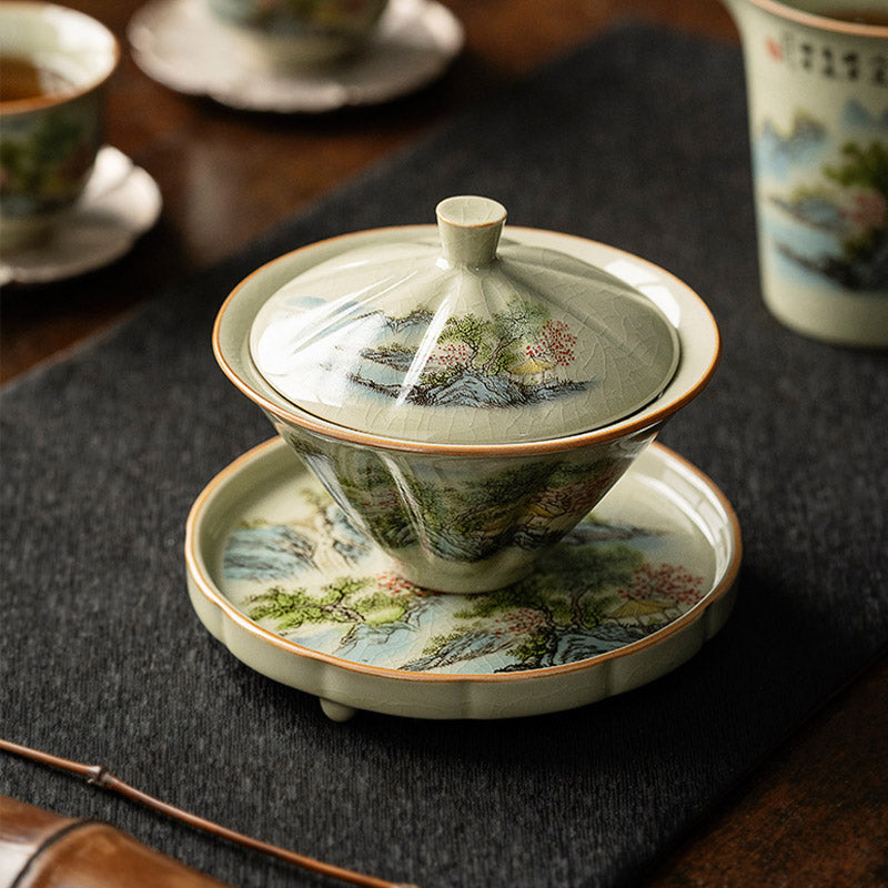 Mythstone Pine Mountain Forest Landscape Ceramic Gaiwan Sancai Teacup Kung Fu Tea Cup And Saucer With Lid