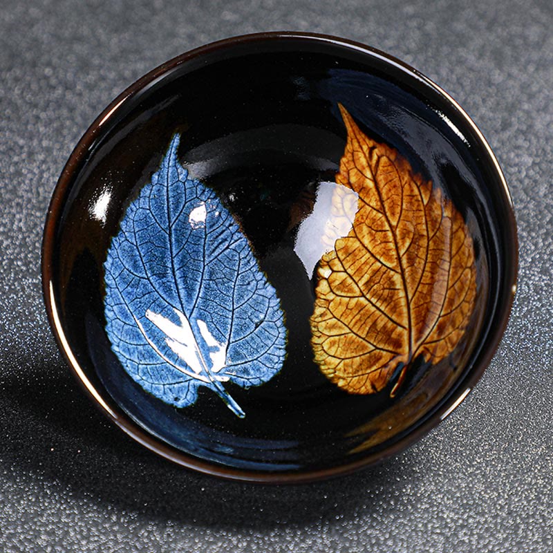 Mythstone Gold Maple Leaf Chinese Jianzhan Ceramic Teacup Tenmoku Kung Fu Tea Cup Bowl