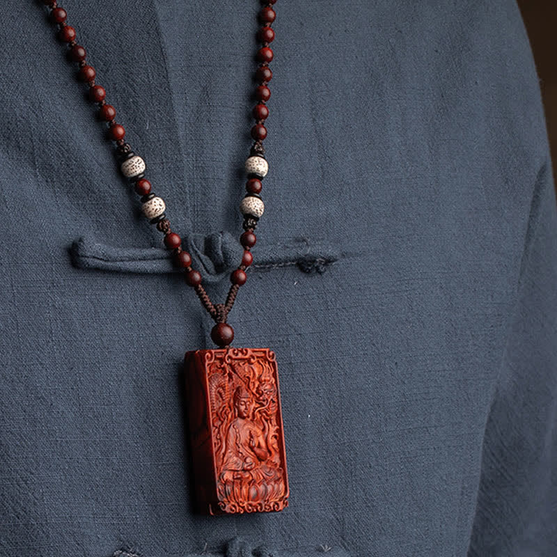 Mythstone Chinese Zodiac Natal Buddha Small Leaf Red Sandalwood Protection Necklace Pendant