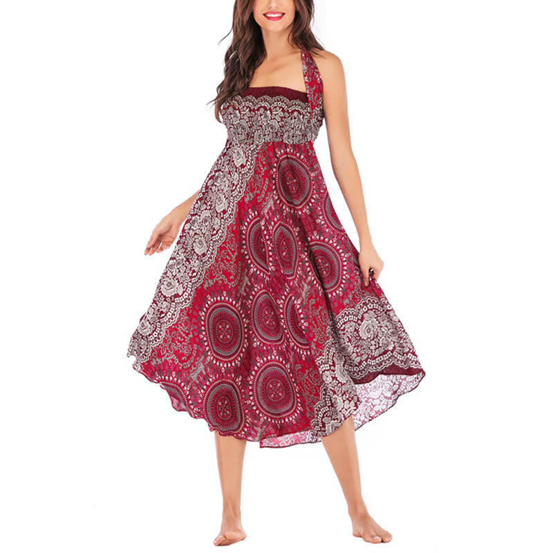 Mythstone Two Style Wear Boho Compass Rose Flower Print Lace-up Skirt Dress