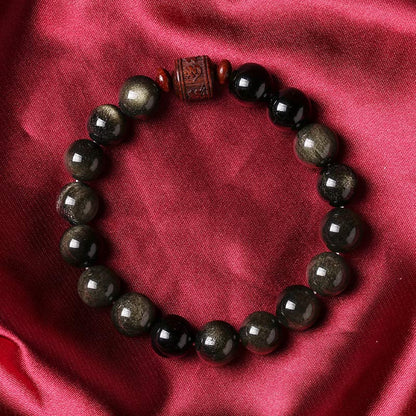 Pulsera curativa con personaje Om Mani Padme Hum Fu y obsidiana arcoíris con brillo dorado natural de Mythstone 