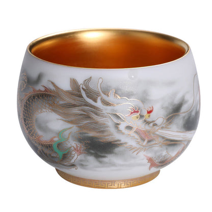 Mythstone Dragon Gilt Gourd Ceramic White Porcelain Teacup Kung Fu Tea Cup 160ml