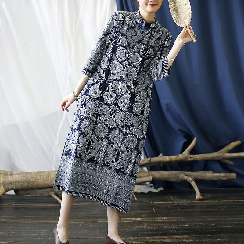 Mythstone Blue White Flower Frog-button Midi Dress Three Quarter Sleeve Linen Batik Dress With Pockets