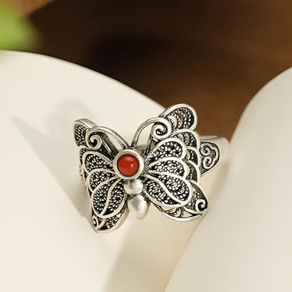 Mythstone 925 Sterling Silver Red Agate Butterfly Self-acceptance Ring Earrings Set