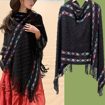 Mythstone Tibetan Colorful Striped Rhombus Pattern Shawl Tassels Pullover Winter Cozy Travel Scarf Wrap