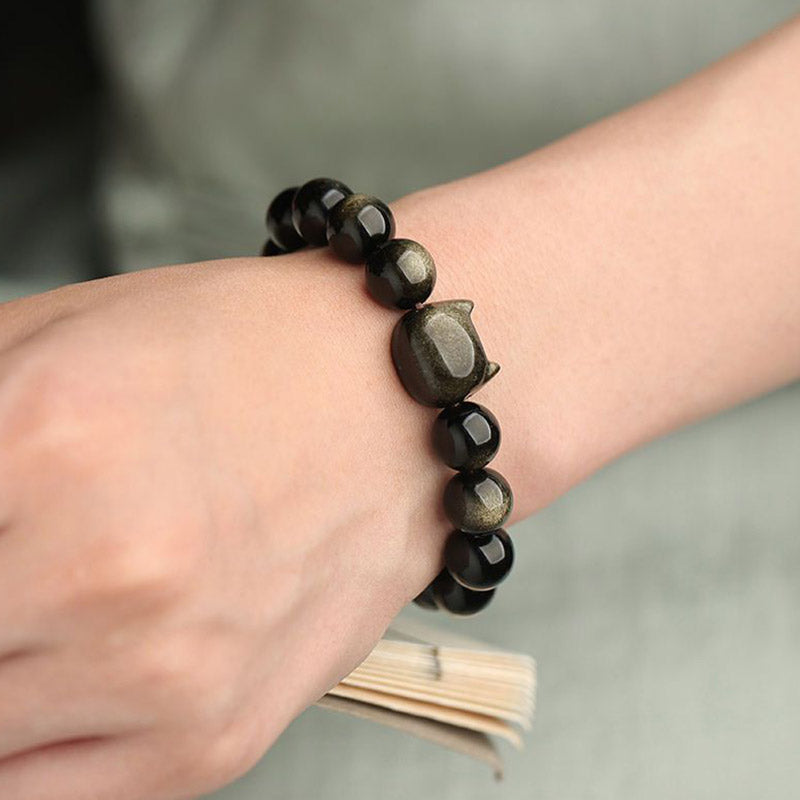 Mythstone Gold Sheen Obsidian Silver Sheen Obsidian Lovely Paw Lucky Cat Protection Bracelet