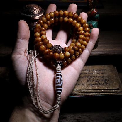 Mythstone Tibet 108 Mala Beads Yak Bone Three-eyed Dzi Bead Keep Away Evil Spirits Bracelet