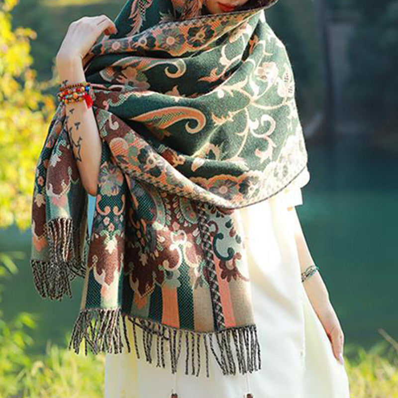 Mythstone Tibetan Flowers Leaves Branch Design Tassel Shawl Cozy Travel Scarf Wrap