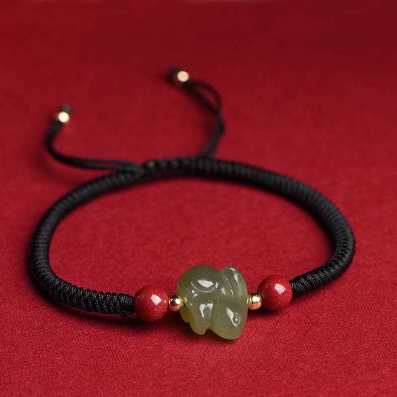 Pulsera de hilo de cuentas de cinabrio con forma de conejo de jade hetiano del año del conejo