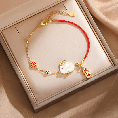 Mythstone Year of the Rabbit White Jade Happiness Red String Chain Bracelet