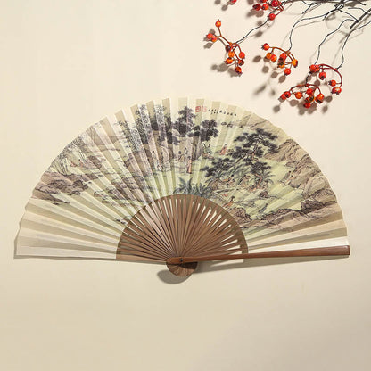 Mythstone Pine Tree Garden Peony Handheld Paper Bamboo Folding Fan 26cm