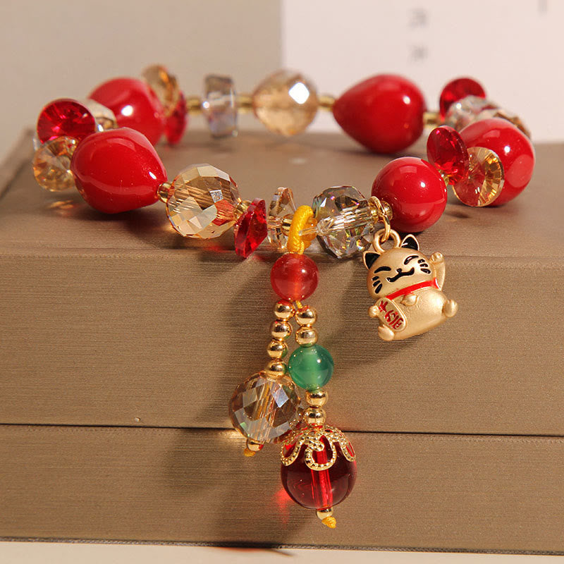 Mythstone Red Stone Lucky Cat Rabbit Fu Character Fortune Bracelet