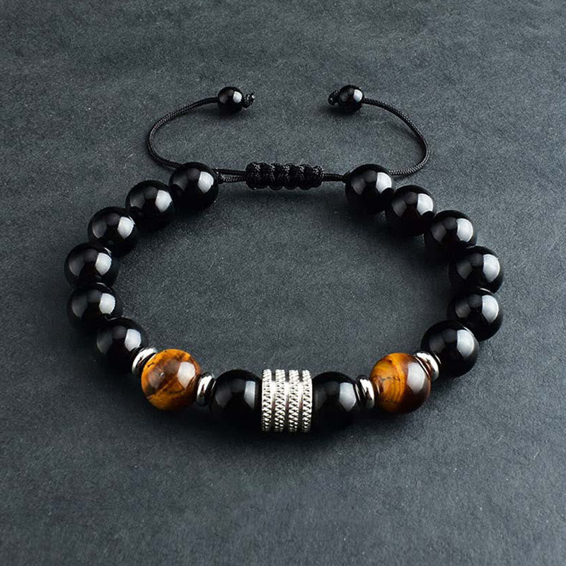 Pulsera de piedra mitológica con obsidiana negra natural y ojo de tigre