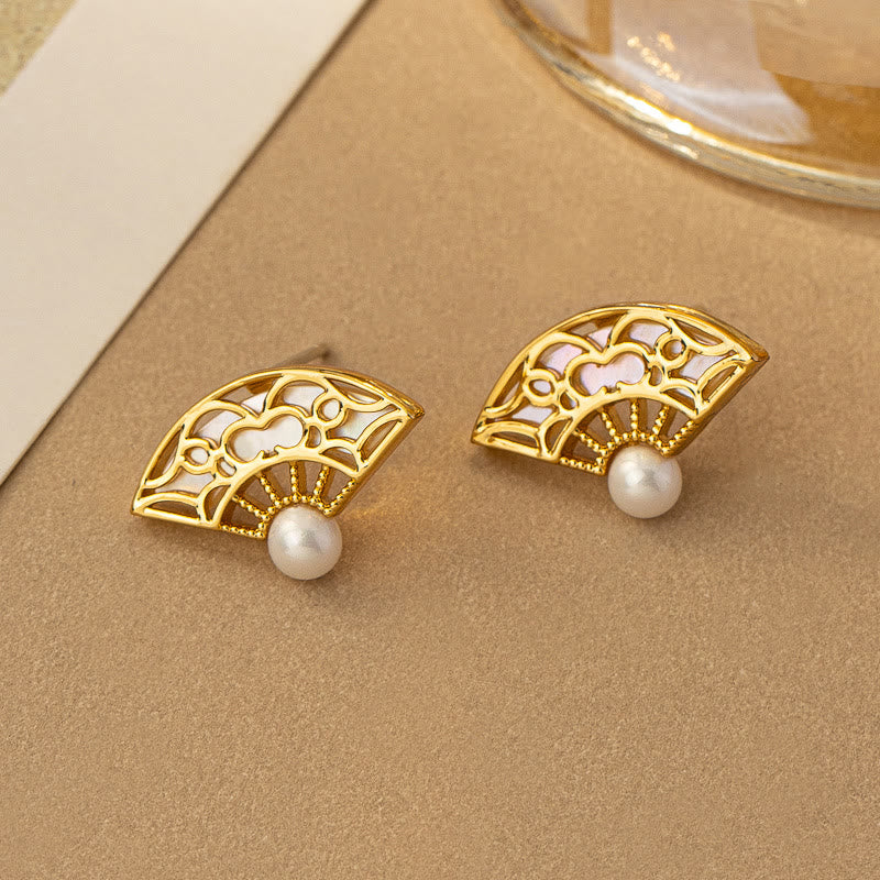 Mythstone 925 Sterling Silver Posts Fan Pattern Pearl Copper Wisdom Stud Drop Earrings