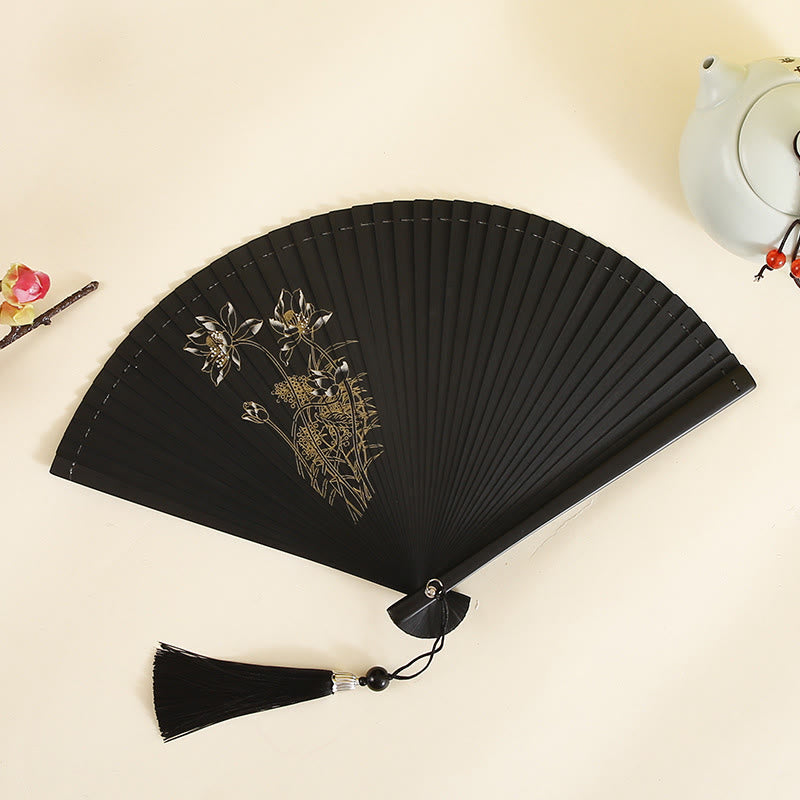 Mythstone Hibiscus Flower Plum Blossom Handheld Bamboo Folding Fan