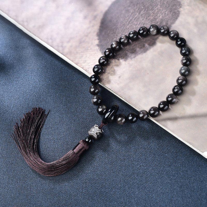 Mythstone Natural Silver Sheen Obsidian Lion Wrist Mala Protection Tassels Pocket Mala Car Decoration