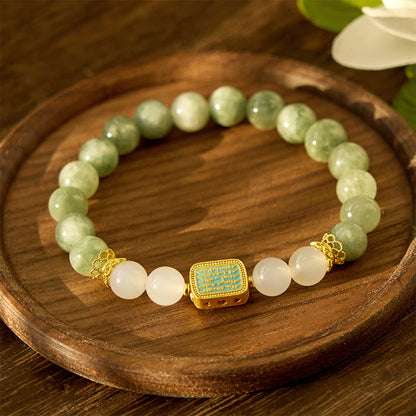 Pulsera de la abundancia de las cinco escrituras con jade verde natural y ágata blanca Mythstone 