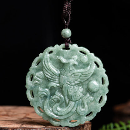 Mythstone Chinese Zodiac Dragon Phoenix Round Jade Luck Necklace String Pendant