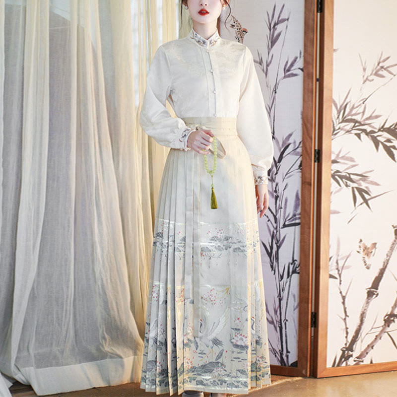 Mythstone Long Sleeve Shirt Top Chinese Hanfu Crane Lotus Printed Horse Face Skirt Mamianqun