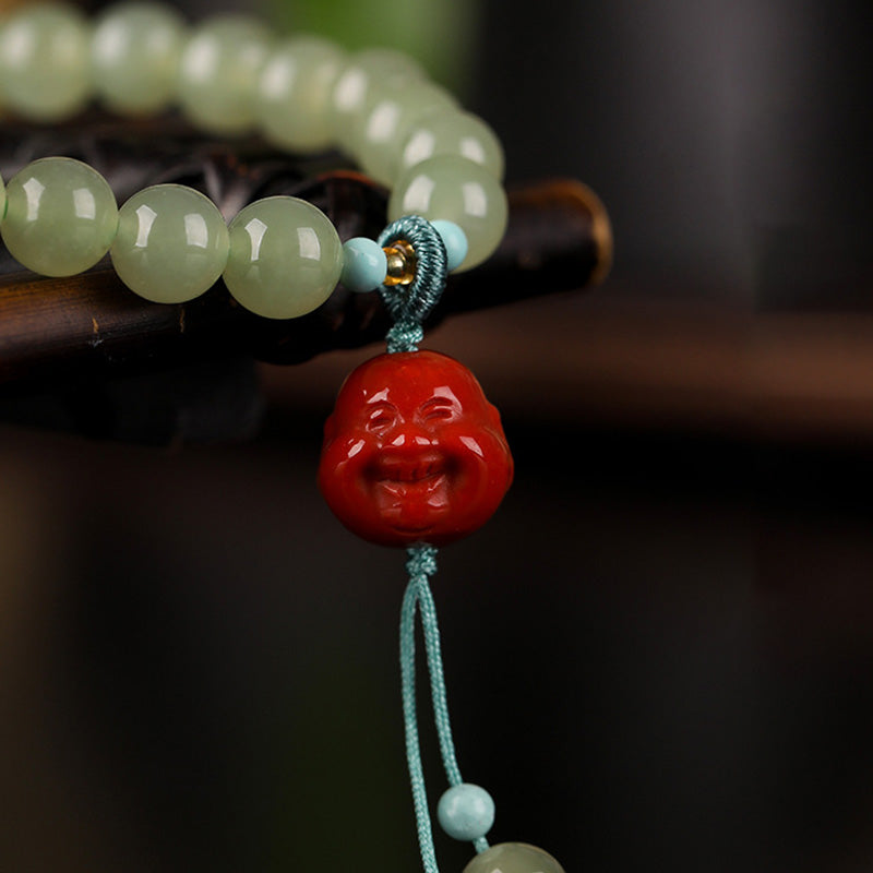 Pulsera de prosperidad con Buda sonriente, ámbar, ágata roja y jade de Mythstone