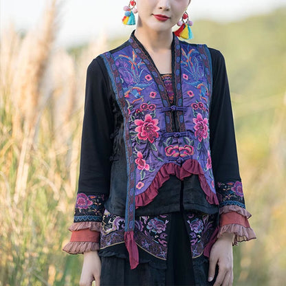 Mythstone Vintage Embroidery Flower Pattern Tang Suit Design Vest