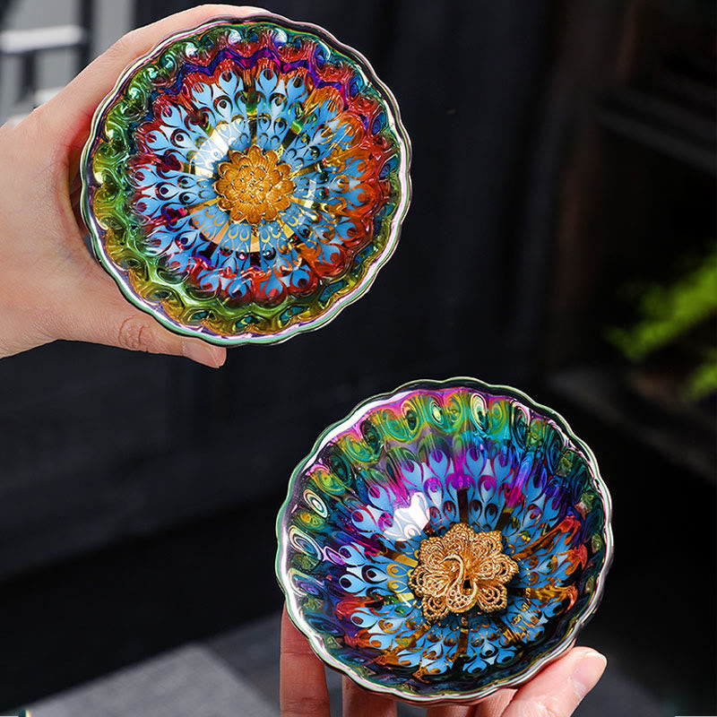 Mythstone Vivid Peacock Lotus Gold Inlaid Design Colorful Chinese Jianzhan Ceramic Teacup Kung Fu Tea Cup