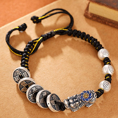 Mythstone 999 Sterling Silver FengShui PiXiu Copper Coin Fu Character Wealth Braided Bracelet