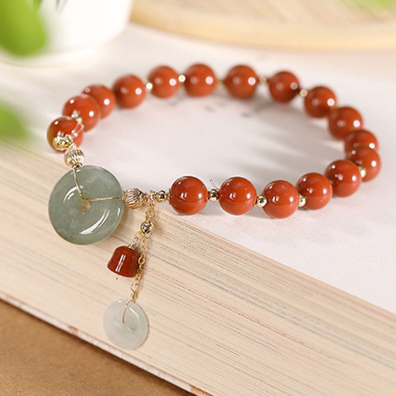 Mythstone 14k Gold Filled Jade Red Agate Peace Buckle Copper Coin Gourd Confidence Bracelet