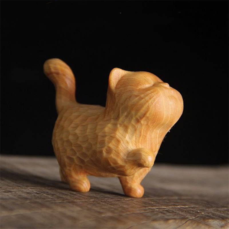 Mythstone Mini Thuja Sutchuenensis Boxwood Cute Cat Kitten Carved Prosperity Decoration