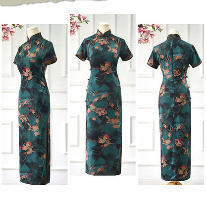 Mythstone Vintage Pink Flowers Print Cheongsam Dress Women's Qipao Dress