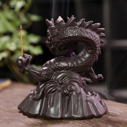 Mythstone Auspicious Dragon Ceramic Backflow Smoke Fountain Meditation Healing Incense Burner Led Ball Decoration