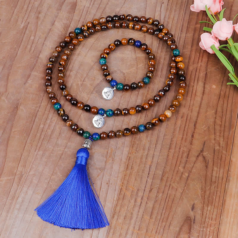 Mythstone 108 Mala Beads Tiger Eye Buddha Strength Bracelet Tassel Necklace Pendant