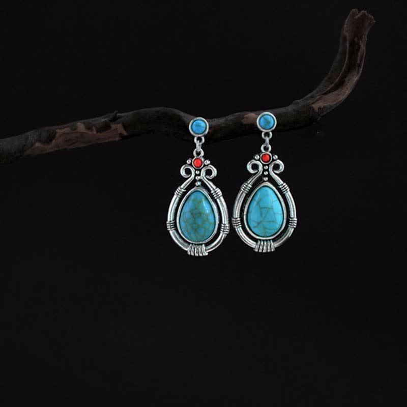 Pendientes colgantes con clip y diseño de gota de agua de turquesa vintage del Tíbet de Mythstone