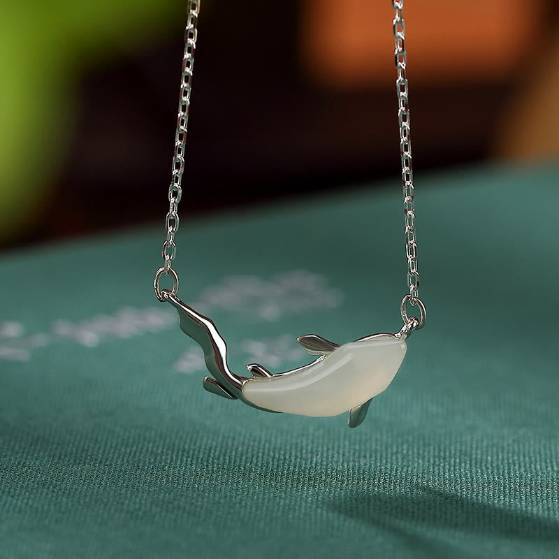 Mythstone 925 Sterling Silver White Jade Dolphin Luck Necklace Pendant