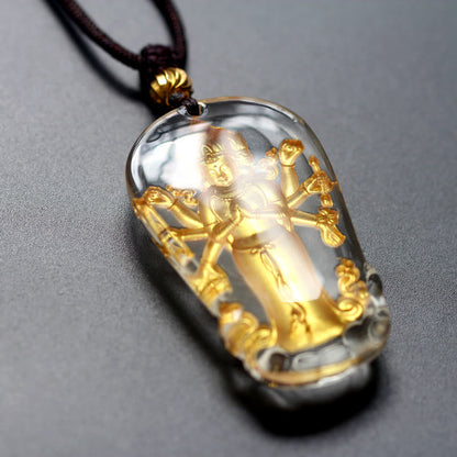 Colgante de collar de cristal de Liuli bañado en oro con ocho brazos de Buda Guanyin Avalokitesvara tibetano Mythstone