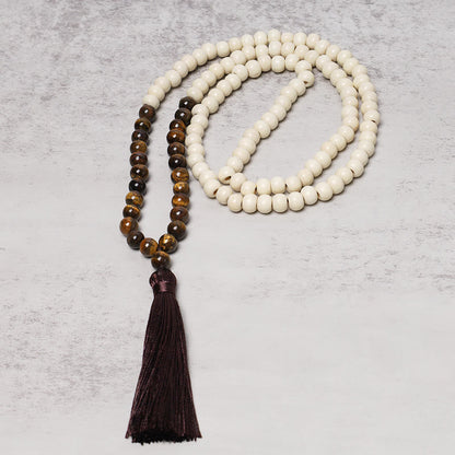 Mythstone Semi-Precious Gem Stones Wood Bead Necklace Multicolor Tassel Charms Chain Necklace