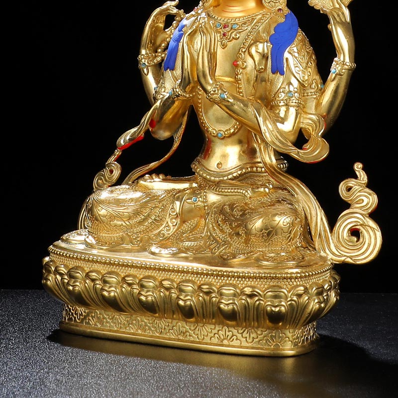 Mythstone Chenrezig Four-armed Avalokitesvara Protection Copper Gold Plated Statue Decoration