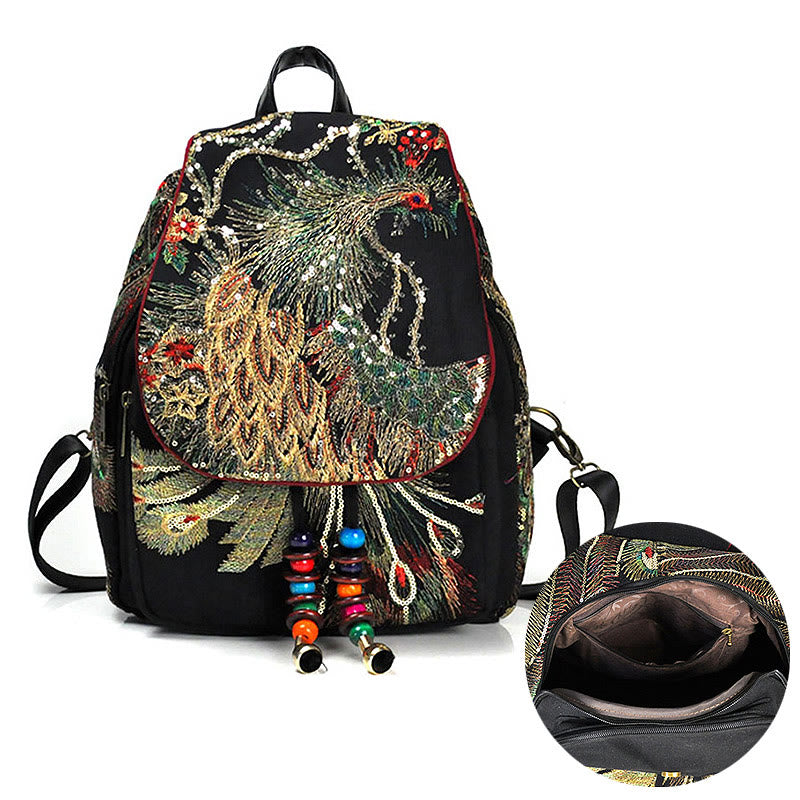 Mythstone Peacock Embroidery Canvas Tassel Backpack