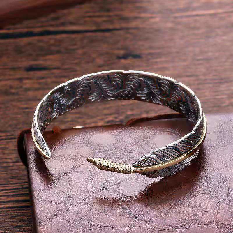 Mythstone Feather Pattern Carved Luck Wealth Cuff Bracelet Bangle