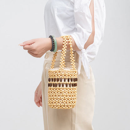 Mythstone Hand-woven Bucket Portable Wooden Beads Handbag