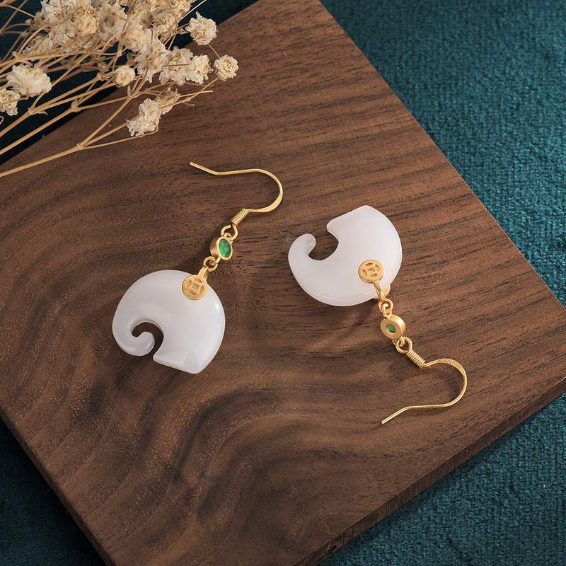 Mythstone FengShui Elephant White Jade Fortune Earrings