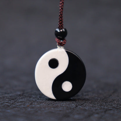 Mythstone Natural Black Obsidian White Turquoise Yin Yang Fulfilment Strength Necklace Pendant